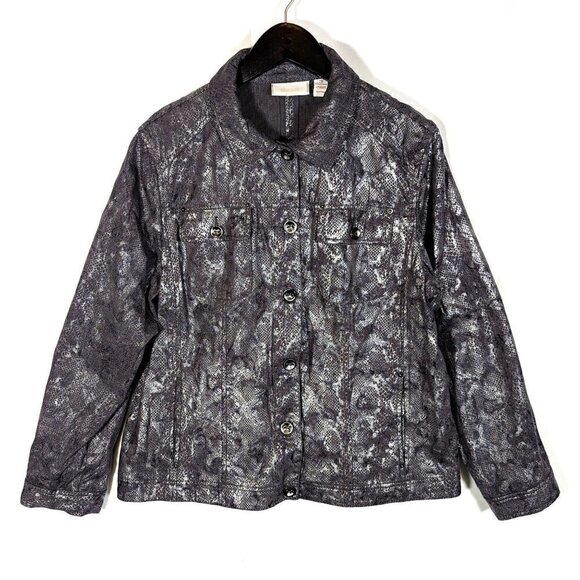 Chico's Size 3 (XL) Metallic Snakeskin Stretch Motorcycle Jacket Silver Bomber - Picture 1 of 9